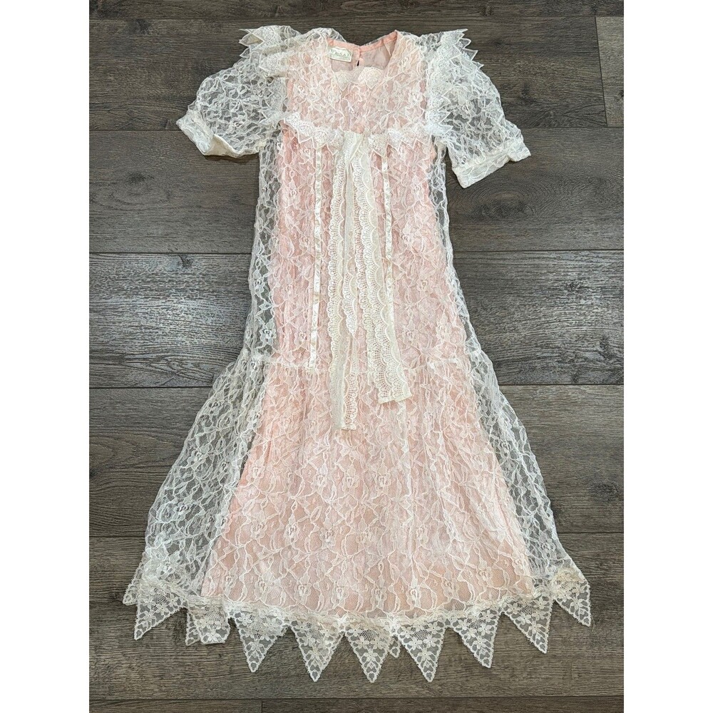 Vintage 70s Gunne Sax by Jessica McClintock Girls Size 12 Ivory Pink Lace Dress